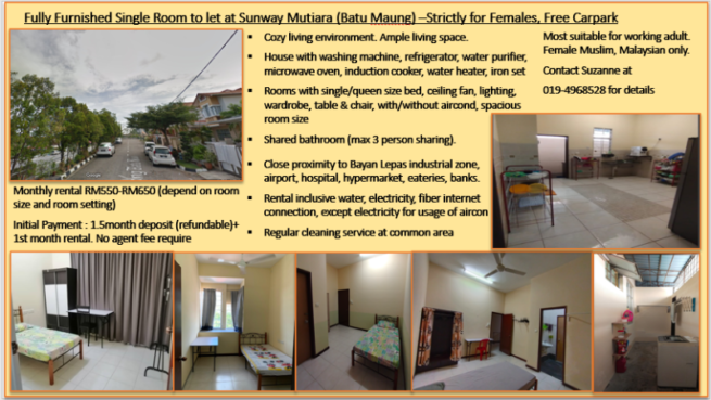 room for rent, single room, sunway mutiara, Full Furnished Non Sharing Room to let at Sunway, Batu Maung -Strictly for Muslimah, Malaysian Only