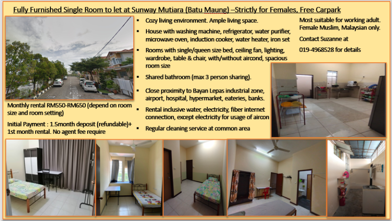 room for rent, single room, sunway mutiara, Full Furnished Non Sharing Room to let at Sunway, Batu Maung -Strictly for Muslimah, Malaysian Only
